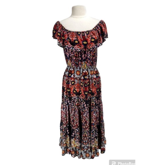 Light Sound Women Size M Floral Ruffle Elastic Boat Neck Ruffle Maxi Dress 302P - Picture 1 of 6